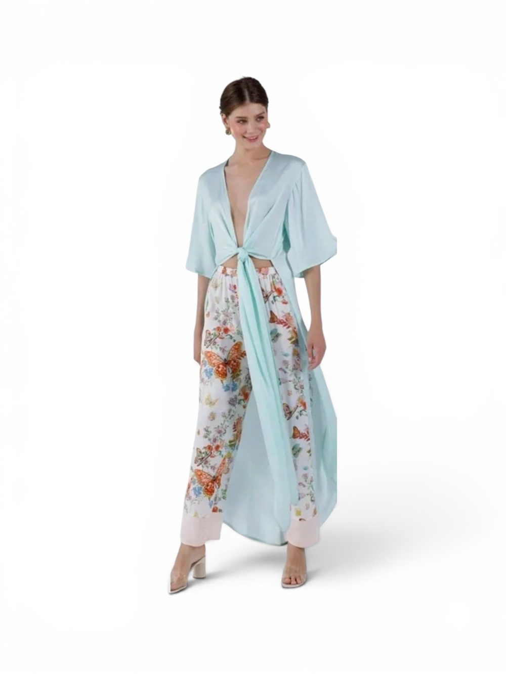 Light Aqua Satin Tie-Front Robe with Floral Butterfly Lounge Pants